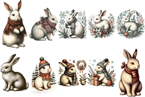 Download 11 Vintage Winter Rabbit PNG Bundle - Rabbit Collection
