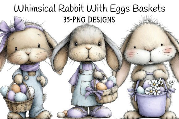 Download Whimsical Rabbit Clipart with Eggs Baske - Rabbit Collection